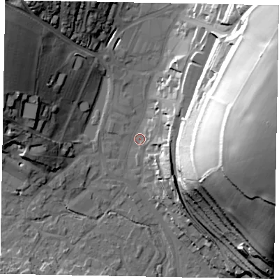 Shaded relief map of the ground around HP51BJ, computed from Environment Agency LiDAR. The ground here sits at about 101 m above sea level and falls 59 m across the surrounding 800 m. Surface water reaching this point runs off ground lying to the east-north-east, 55.3 m higher.