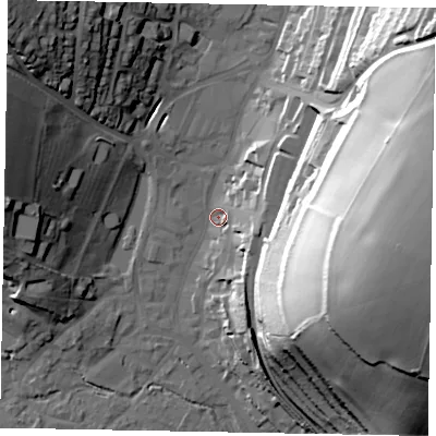 Shaded relief map of the ground around HP51BP, computed from Environment Agency LiDAR. The ground here sits at about 102 m above sea level and falls 59 m across the surrounding 800 m. Surface water reaching this point runs off ground lying to the east, 57.0 m higher.