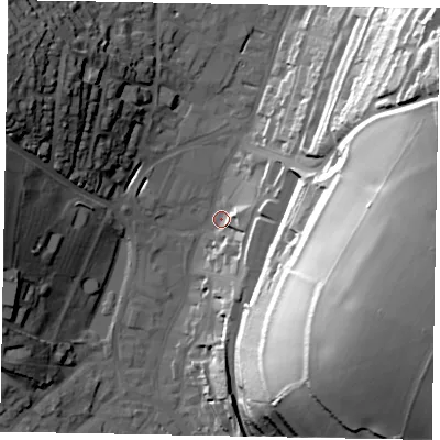 Shaded relief map of the ground around HP51BT, computed from Environment Agency LiDAR. The ground here sits at about 103 m above sea level and falls 60 m across the surrounding 800 m. Surface water reaching this point runs off ground lying to the east-south-east, 57.1 m higher.