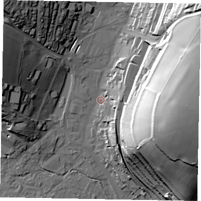 Shaded relief map of the ground around HP51BW, computed from Environment Agency LiDAR. The ground here sits at about 102 m above sea level and falls 59 m across the surrounding 800 m. Surface water reaching this point runs off ground lying to the east, 56.5 m higher.