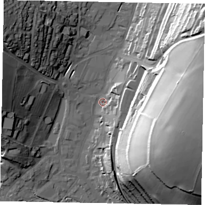 Shaded relief map of the ground around HP51BX, computed from Environment Agency LiDAR. The ground here sits at about 102 m above sea level and falls 59 m across the surrounding 800 m. Surface water reaching this point runs off ground lying to the east-north-east, 9.7 m higher.