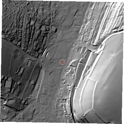 Shaded relief map of the ground around HP51DY, computed from Environment Agency LiDAR. The ground here sits at about 102 m above sea level and falls 58 m across the surrounding 800 m. Surface water reaching this point runs off ground lying to the east-north-east, 49.0 m higher.