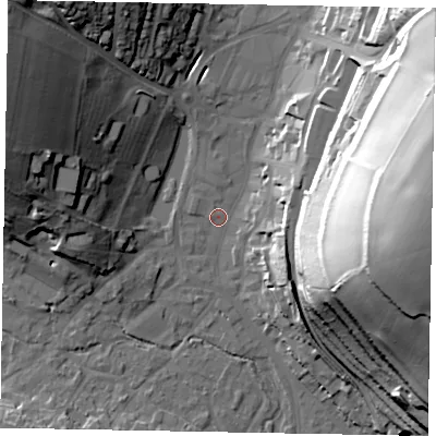 Shaded relief map of the ground around HP51EA, computed from Environment Agency LiDAR. The ground here sits at about 101 m above sea level and falls 58 m across the surrounding 800 m. Surface water reaching this point runs off ground lying to the east-north-east, 52.6 m higher.