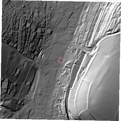 Shaded relief map of the ground around HP51EB, computed from Environment Agency LiDAR. The ground here sits at about 102 m above sea level and falls 58 m across the surrounding 800 m. Surface water reaching this point runs off ground lying to the east-south-east, 56.3 m higher.