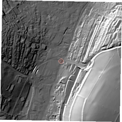 Shaded relief map of the ground around HP51EF, computed from Environment Agency LiDAR. The ground here sits at about 103 m above sea level and falls 59 m across the surrounding 800 m. Surface water reaching this point runs off ground lying to the east-south-east, 56.6 m higher.