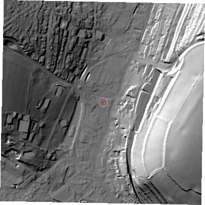 Shaded relief map of the ground around HP51EG, computed from Environment Agency LiDAR. The ground here sits at about 102 m above sea level and falls 58 m across the surrounding 800 m. Surface water reaching this point runs off ground lying to the east, 54.7 m higher.
