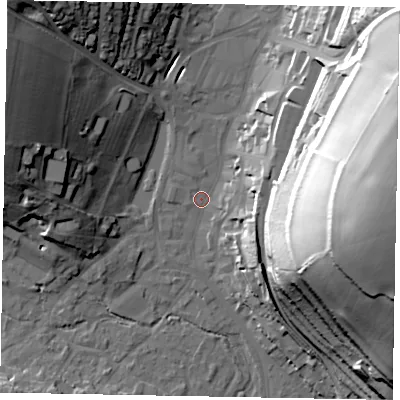 Shaded relief map of the ground around HP51EP, computed from Environment Agency LiDAR. The ground here sits at about 101 m above sea level and falls 58 m across the surrounding 800 m. Surface water reaching this point runs off ground lying to the east-north-east, 53.4 m higher.