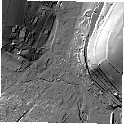 Shaded relief map of the ground around HP51ER, computed from Environment Agency LiDAR. The ground here sits at about 101 m above sea level and falls 58 m across the surrounding 800 m. Surface water reaching this point runs off ground lying to the north-north-west, 1.4 m higher.
