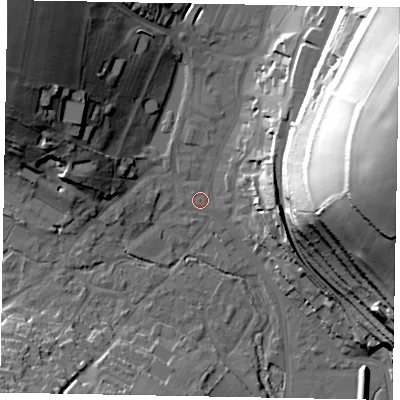 Shaded relief map of the ground around HP51ES, computed from Environment Agency LiDAR. The ground here sits at about 101 m above sea level and falls 57 m across the surrounding 800 m. Surface water reaching this point runs off ground lying to the north-north-west, 1.4 m higher.