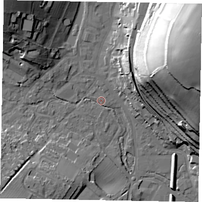 Shaded relief map of the ground around HP51ET, computed from Environment Agency LiDAR. The ground here sits at about 100 m above sea level and falls 59 m across the surrounding 800 m. Surface water reaching this point runs off ground lying to the south-west, 21.5 m higher.