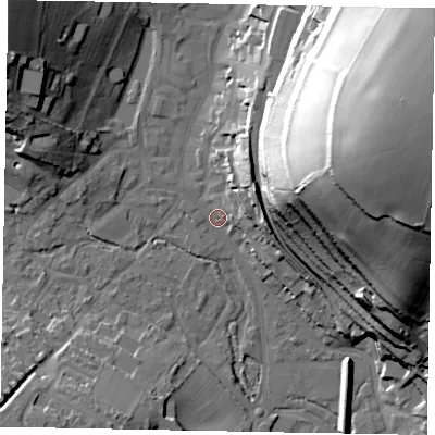 Shaded relief map of the ground around HP51EZ, computed from Environment Agency LiDAR. The ground here sits at about 101 m above sea level and falls 60 m across the surrounding 800 m. Surface water reaching this point runs off ground lying to the east-north-east, 57.9 m higher.