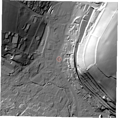 Shaded relief map of the ground around HP51FE, computed from Environment Agency LiDAR. The ground here sits at about 101 m above sea level and falls 59 m across the surrounding 800 m. Surface water reaching this point runs off ground lying to the east-north-east, 56.0 m higher.