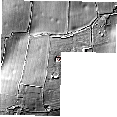 Shaded relief map of the ground around HP51FF, computed from Environment Agency LiDAR. The ground here sits at about 135 m above sea level and falls 10 m across the surrounding 800 m. Surface water reaching this point runs off ground lying to the west-south-west, 5.6 m higher.