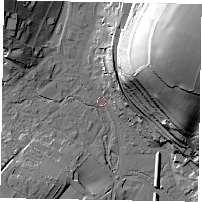 Shaded relief map of the ground around HP51FX, computed from Environment Agency LiDAR. The ground here sits at about 100 m above sea level and falls 61 m across the surrounding 800 m. Surface water reaching this point runs off ground lying to the north-east, 58.7 m higher.