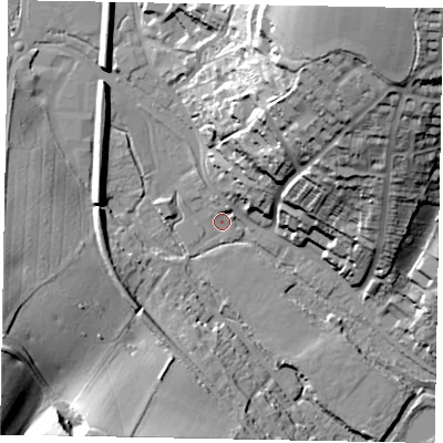 Shaded relief map of the ground around HP51GW, computed from Environment Agency LiDAR. The ground here sits at about 96 m above sea level and falls 55 m across the surrounding 800 m. Surface water reaching this point runs off ground lying to the north-east, 50.1 m higher.