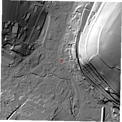 Shaded relief map of the ground around HP51HF, computed from Environment Agency LiDAR. The ground here sits at about 101 m above sea level and falls 59 m across the surrounding 800 m. Surface water reaching this point runs off ground lying to the east-north-east, 56.7 m higher.