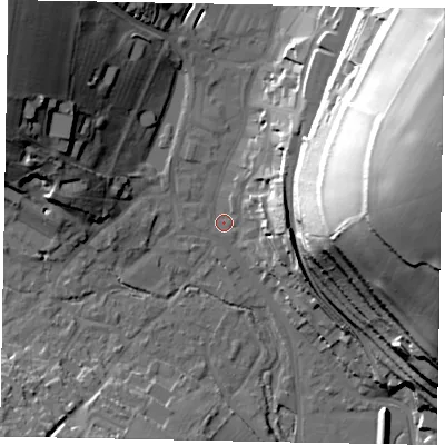 Shaded relief map of the ground around HP51HG, computed from Environment Agency LiDAR. The ground here sits at about 101 m above sea level and falls 59 m across the surrounding 800 m. Surface water reaching this point runs off ground lying to the east-north-east, 56.1 m higher.