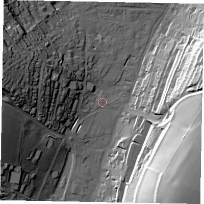 Shaded relief map of the ground around HP51HR, computed from Environment Agency LiDAR. The ground here sits at about 103 m above sea level and falls 57 m across the surrounding 800 m. Surface water reaching this point runs off ground lying to the east, 47.6 m higher.