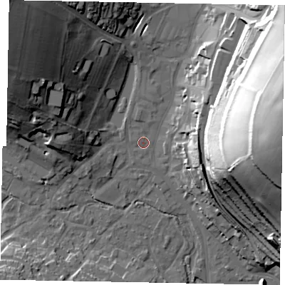 Shaded relief map of the ground around HP51HS, computed from Environment Agency LiDAR. The ground here sits at about 101 m above sea level and falls 57 m across the surrounding 800 m. Surface water reaching this point runs off ground lying to the north-west, 1.2 m higher.