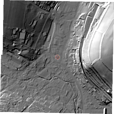 Shaded relief map of the ground around HP51HT, computed from Environment Agency LiDAR. The ground here sits at about 101 m above sea level and falls 57 m across the surrounding 800 m. Surface water reaching this point runs off ground lying to the north-north-west, 1.4 m higher.