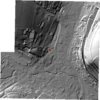 Shaded relief map of the ground around HP51HU, computed from Environment Agency LiDAR. The ground here sits at about 102 m above sea level and falls 46 m across the surrounding 800 m. Surface water reaching this point runs off ground lying to the north-west, 37.9 m higher.
