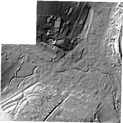 Shaded relief map of the ground around HP51JD, computed from Environment Agency LiDAR. The ground here sits at about 102 m above sea level and falls 38 m across the surrounding 800 m. Surface water reaching this point runs off ground lying to the north-north-west, 5.5 m higher.