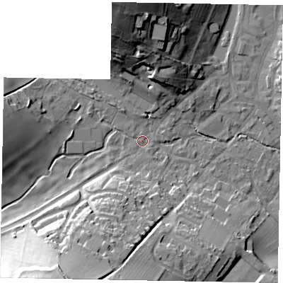 Shaded relief map of the ground around HP51JL, computed from Environment Agency LiDAR. The ground here sits at about 102 m above sea level and falls 34 m across the surrounding 800 m. Surface water reaching this point runs off ground lying to the south-south-west, 30.9 m higher.