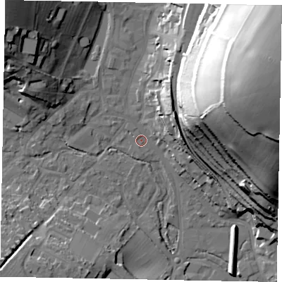 Shaded relief map of the ground around HP51LD, computed from Environment Agency LiDAR. The ground here sits at about 100 m above sea level and falls 60 m across the surrounding 800 m. Surface water reaching this point runs off ground lying to the east-north-east, 57.3 m higher.