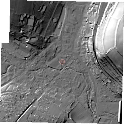 Shaded relief map of the ground around HP51LF, computed from Environment Agency LiDAR. The ground here sits at about 100 m above sea level and falls 55 m across the surrounding 800 m. Surface water reaching this point runs off ground lying to the north-west, 35.1 m higher.