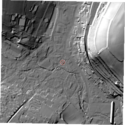 Shaded relief map of the ground around HP51LH, computed from Environment Agency LiDAR. The ground here sits at about 100 m above sea level and falls 58 m across the surrounding 800 m. Surface water reaching this point runs off ground lying to the north-west, 34.6 m higher.