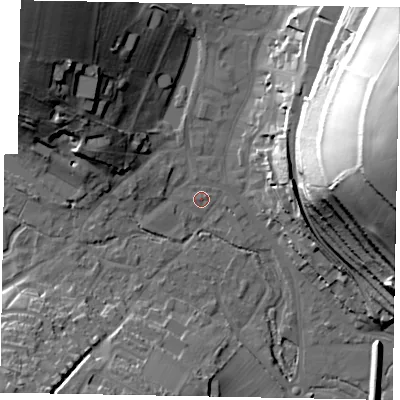 Shaded relief map of the ground around HP51LN, computed from Environment Agency LiDAR. The ground here sits at about 101 m above sea level and falls 57 m across the surrounding 800 m. Surface water reaching this point runs off ground lying to the north-west, 36.0 m higher.