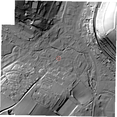 Shaded relief map of the ground around HP51LW, computed from Environment Agency LiDAR. The ground here sits at about 100 m above sea level and falls 51 m across the surrounding 800 m. Surface water reaching this point runs off ground lying to the south-west, 34.0 m higher.