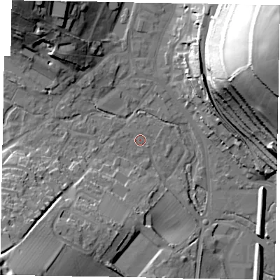 Shaded relief map of the ground around HP51LZ, computed from Environment Agency LiDAR. The ground here sits at about 100 m above sea level and falls 58 m across the surrounding 800 m. Surface water reaching this point runs off ground lying to the south-west, 2.1 m higher.