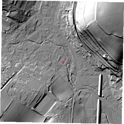 Shaded relief map of the ground around HP51ND, computed from Environment Agency LiDAR. The ground here sits at about 99 m above sea level and falls 61 m across the surrounding 800 m. Surface water reaching this point runs off ground lying to the south-west, 15.8 m higher.