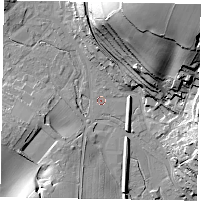 Shaded relief map of the ground around HP51NG, computed from Environment Agency LiDAR. The ground here sits at about 99 m above sea level and falls 61 m across the surrounding 800 m. Surface water reaching this point runs off ground lying to the north, 15.6 m higher.