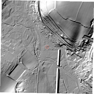 Shaded relief map of the ground around HP51NL, computed from Environment Agency LiDAR. The ground here sits at about 99 m above sea level and falls 63 m across the surrounding 800 m. Surface water reaching this point runs off ground lying to the north-north-east, 1.0 m higher.