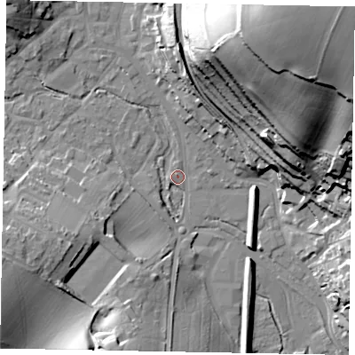 Shaded relief map of the ground around HP51NQ, computed from Environment Agency LiDAR. The ground here sits at about 99 m above sea level and falls 62 m across the surrounding 800 m. Surface water reaching this point runs off ground lying to the west-south-west, 17.1 m higher.