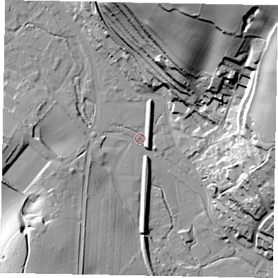 Shaded relief map of the ground around HP51NZ, computed from Environment Agency LiDAR. The ground here sits at about 98 m above sea level and falls 58 m across the surrounding 800 m. Surface water reaching this point runs off ground lying to the south-west, 32.7 m higher.