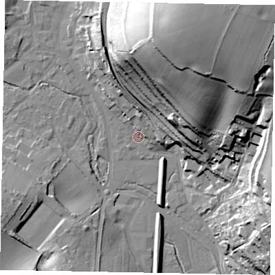 Shaded relief map of the ground around HP51PE, computed from Environment Agency LiDAR. The ground here sits at about 99 m above sea level and falls 63 m across the surrounding 800 m. Surface water reaching this point runs off ground lying to the north-north-east, 58.9 m higher.