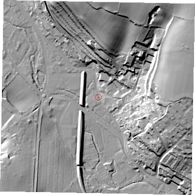 Shaded relief map of the ground around HP51PG, computed from Environment Agency LiDAR. The ground here sits at about 98 m above sea level and falls 61 m across the surrounding 800 m. Surface water reaching this point runs off ground lying to the north-east, 57.8 m higher.