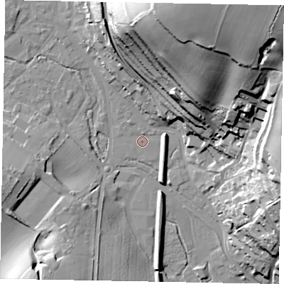 Shaded relief map of the ground around HP51PQ, computed from Environment Agency LiDAR. The ground here sits at about 99 m above sea level and falls 62 m across the surrounding 800 m. Surface water reaching this point runs off ground lying to the north-west, 1.3 m higher.