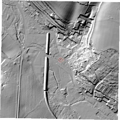 Shaded relief map of the ground around HP51PX, computed from Environment Agency LiDAR. The ground here sits at about 98 m above sea level and falls 61 m across the surrounding 800 m. Surface water reaching this point runs off ground lying to the north-east, 9.6 m higher.