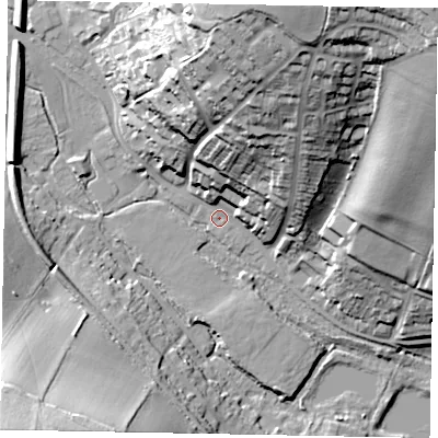 Shaded relief map of the ground around HP51QE, computed from Environment Agency LiDAR. The ground here sits at about 96 m above sea level and falls 55 m across the surrounding 800 m. Surface water reaching this point runs off ground lying to the north-north-east, 38.6 m higher.