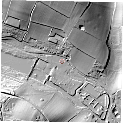 Shaded relief map of the ground around HP51QJ, computed from Environment Agency LiDAR. The ground here sits at about 92 m above sea level and falls 55 m across the surrounding 800 m. Surface water reaching this point runs off ground lying to the north-north-east, 39.1 m higher.
