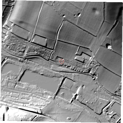 Shaded relief map of the ground around HP51QQ, computed from Environment Agency LiDAR. The ground here sits at about 97 m above sea level and falls 54 m across the surrounding 800 m. Surface water reaching this point runs off ground lying to the north-north-east, 48.0 m higher.