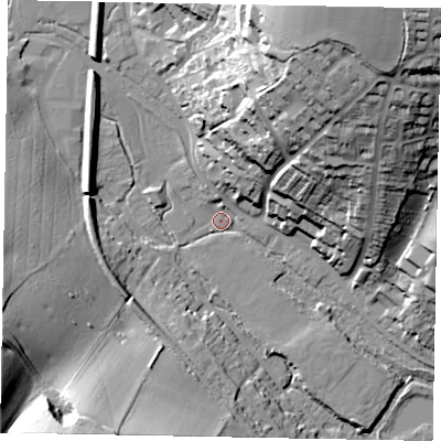 Shaded relief map of the ground around HP51SA, computed from Environment Agency LiDAR. The ground here sits at about 96 m above sea level and falls 54 m across the surrounding 800 m. Surface water reaching this point runs off ground lying to the north-north-east, 48.8 m higher.