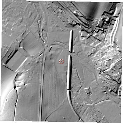 Shaded relief map of the ground around HP51SD, computed from Environment Agency LiDAR. The ground here sits at about 99 m above sea level and falls 49 m across the surrounding 800 m. Surface water reaching this point runs off ground lying to the south-south-west, 19.0 m higher.