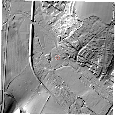 Shaded relief map of the ground around HP51SE, computed from Environment Agency LiDAR. The ground here sits at about 96 m above sea level and falls 56 m across the surrounding 800 m. Surface water reaching this point runs off ground lying to the north-east, 51.5 m higher.