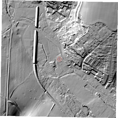 Shaded relief map of the ground around HP51SF, computed from Environment Agency LiDAR. The ground here sits at about 97 m above sea level and falls 56 m across the surrounding 800 m. Surface water reaching this point runs off ground lying to the north-east, 1.6 m higher.