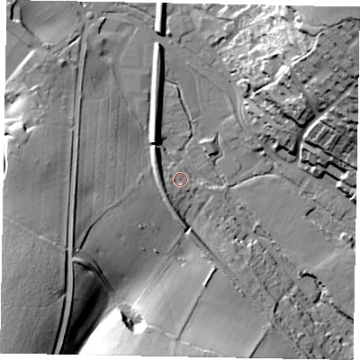 Shaded relief map of the ground around HP51SG, computed from Environment Agency LiDAR. The ground here sits at about 99 m above sea level and falls 58 m across the surrounding 800 m. Surface water reaching this point runs off ground lying to the south-west, 8.4 m higher.